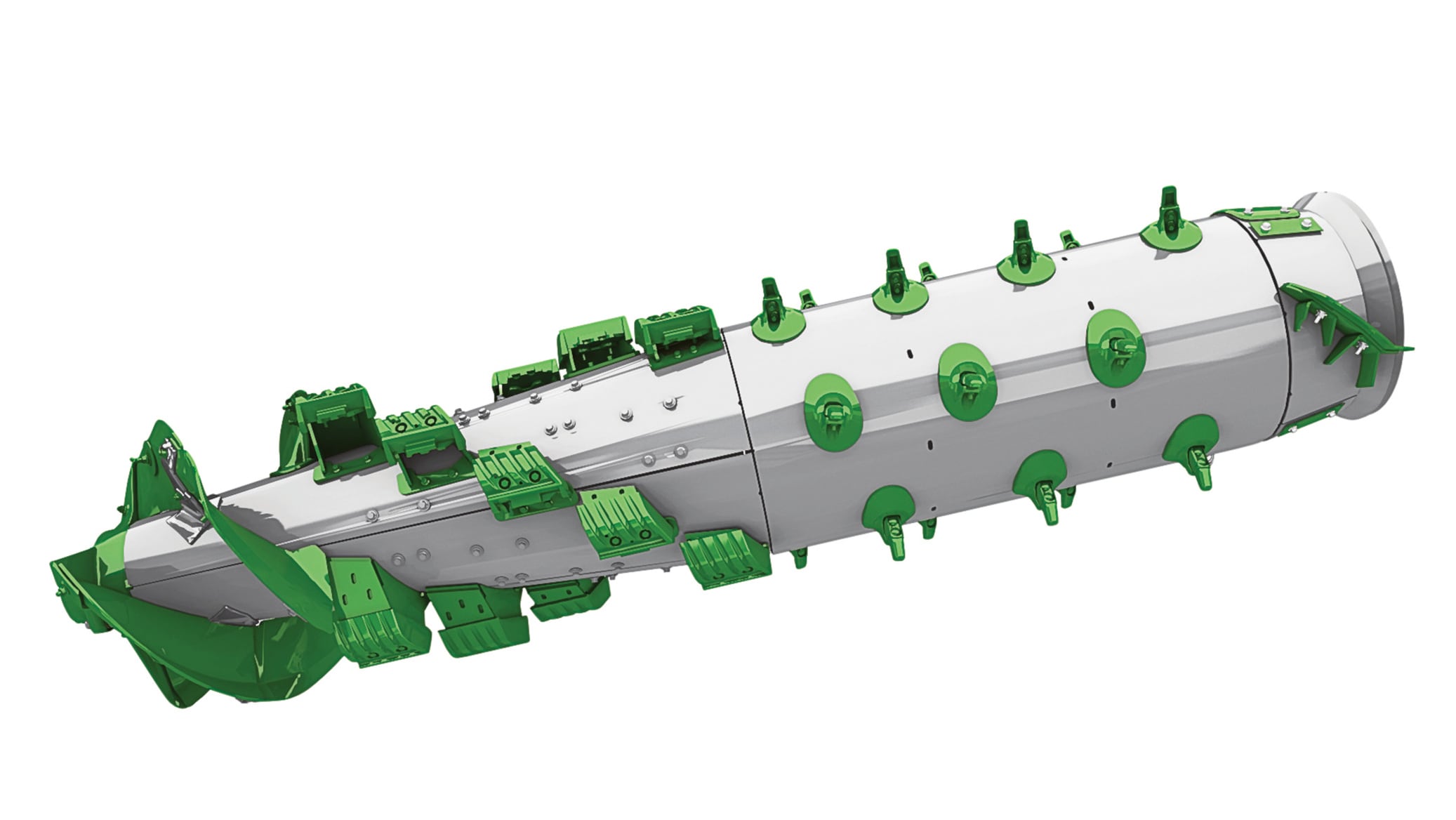 Close-up photo of the Variable Steam Rotor that's found on the John Deere S7 Combine, against a white background