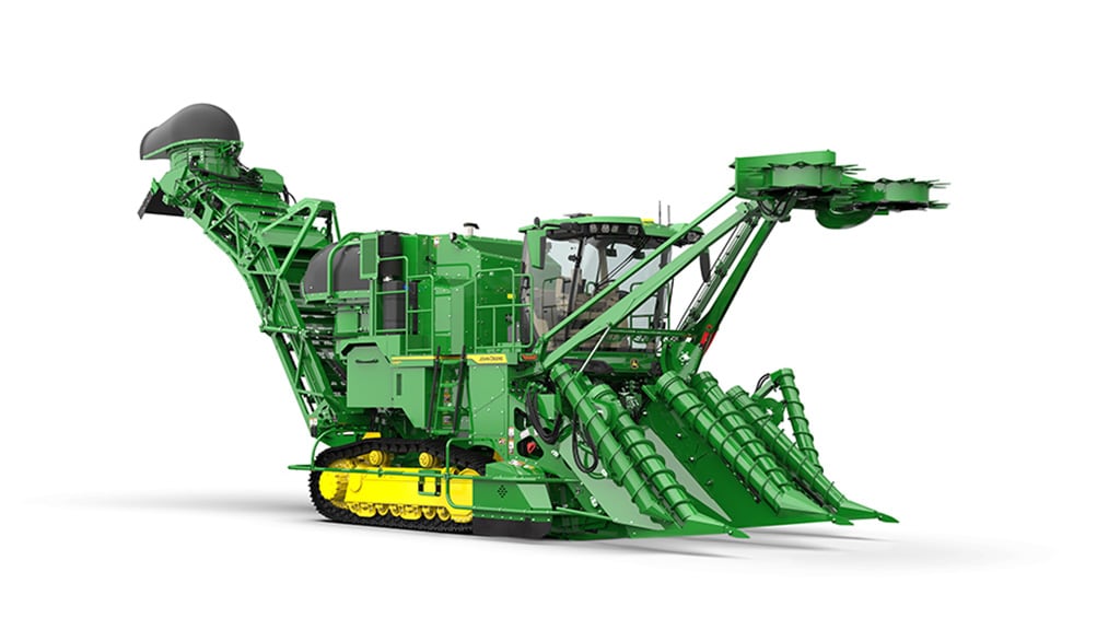 A studio photo of a CH950 Sugar Cane Harvester on a white, seamless setting.