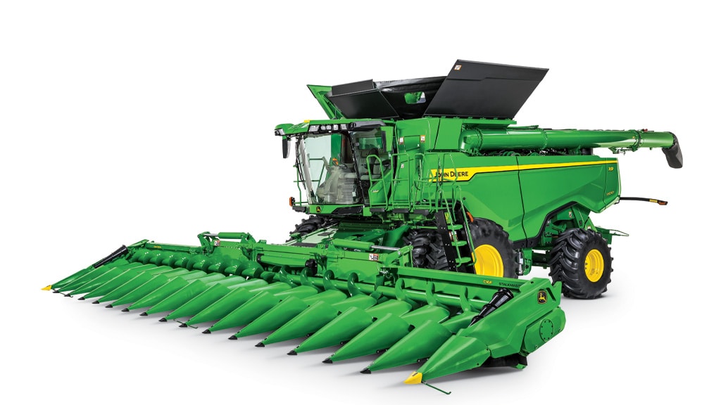 a John Deere X9 1000 Coimbine with a corn head, on a white background