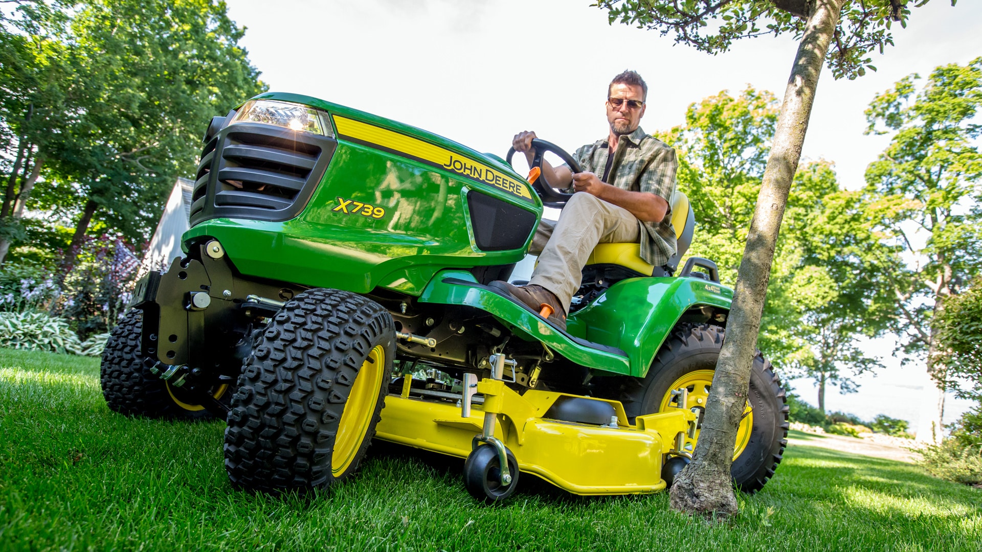 dramatic angle view of the ultimate ride on mower on lawn