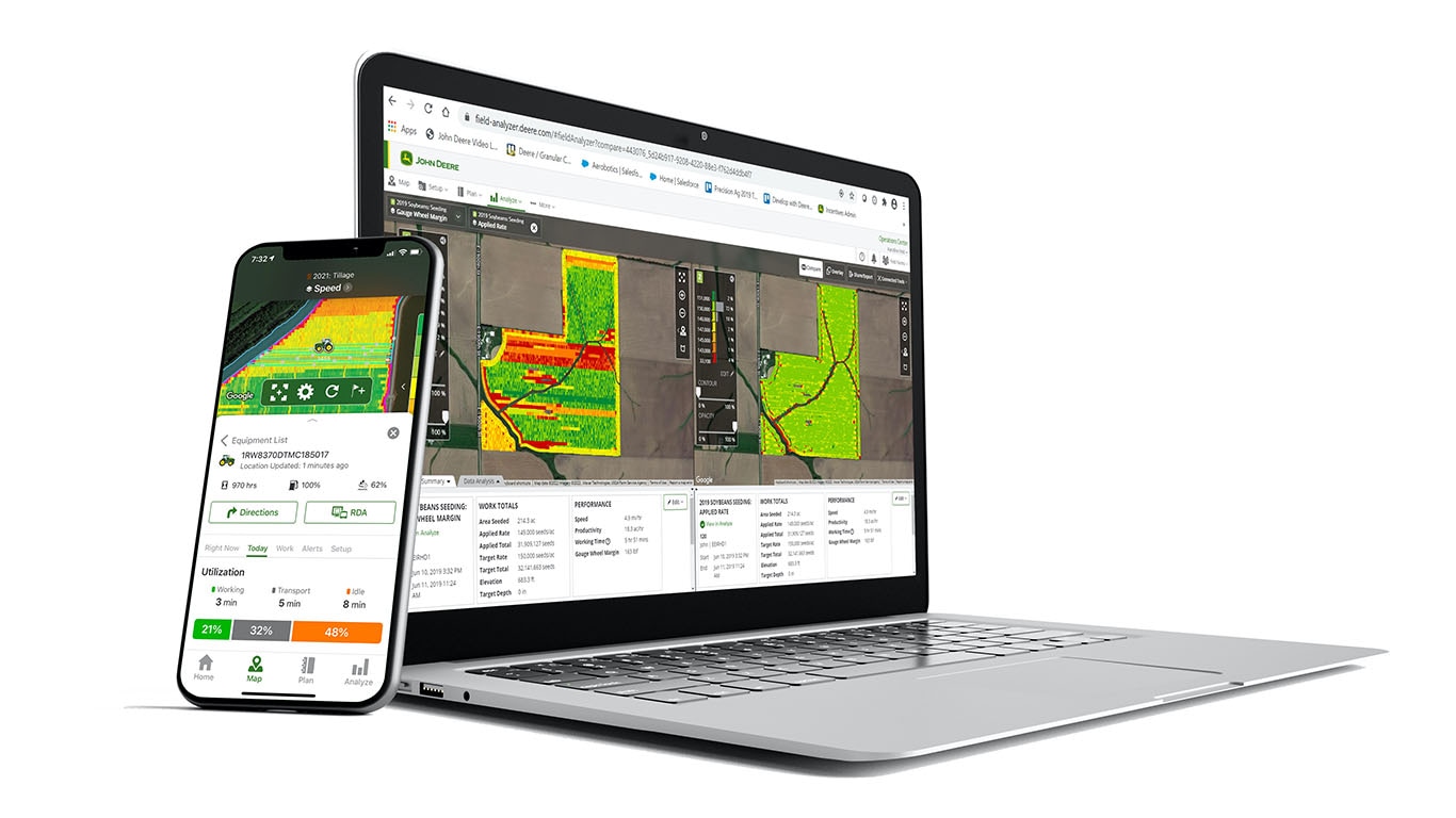 Laptop and mobile showing John Deere Operations Center.