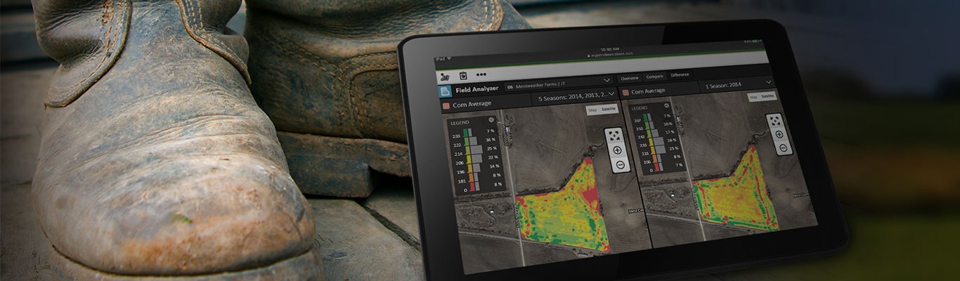 Farmer's pair of boots and tablet displaying data.