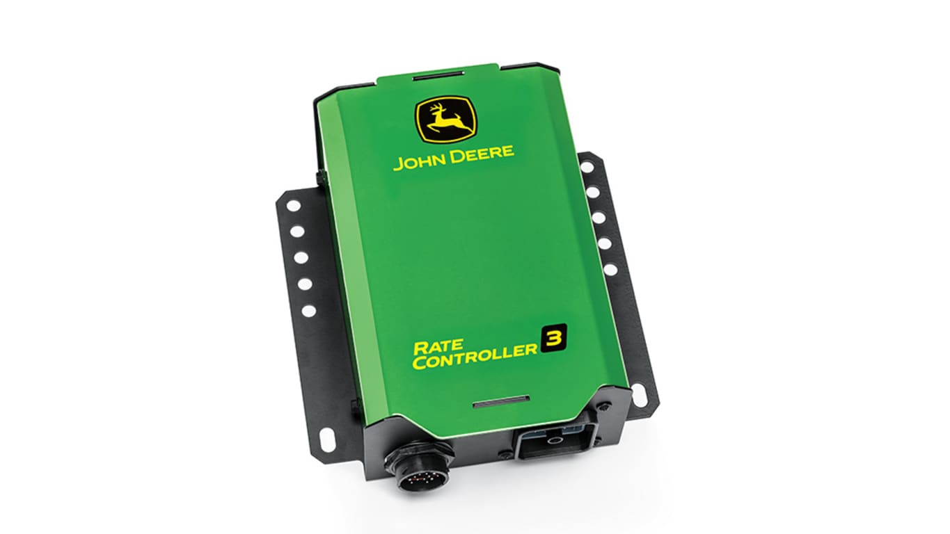 Green John Deere Rate Controller 3 with black brackets and connectors