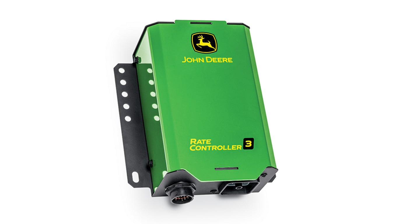 Green John Deere Rate Controller 3 with black bracket and connector ports