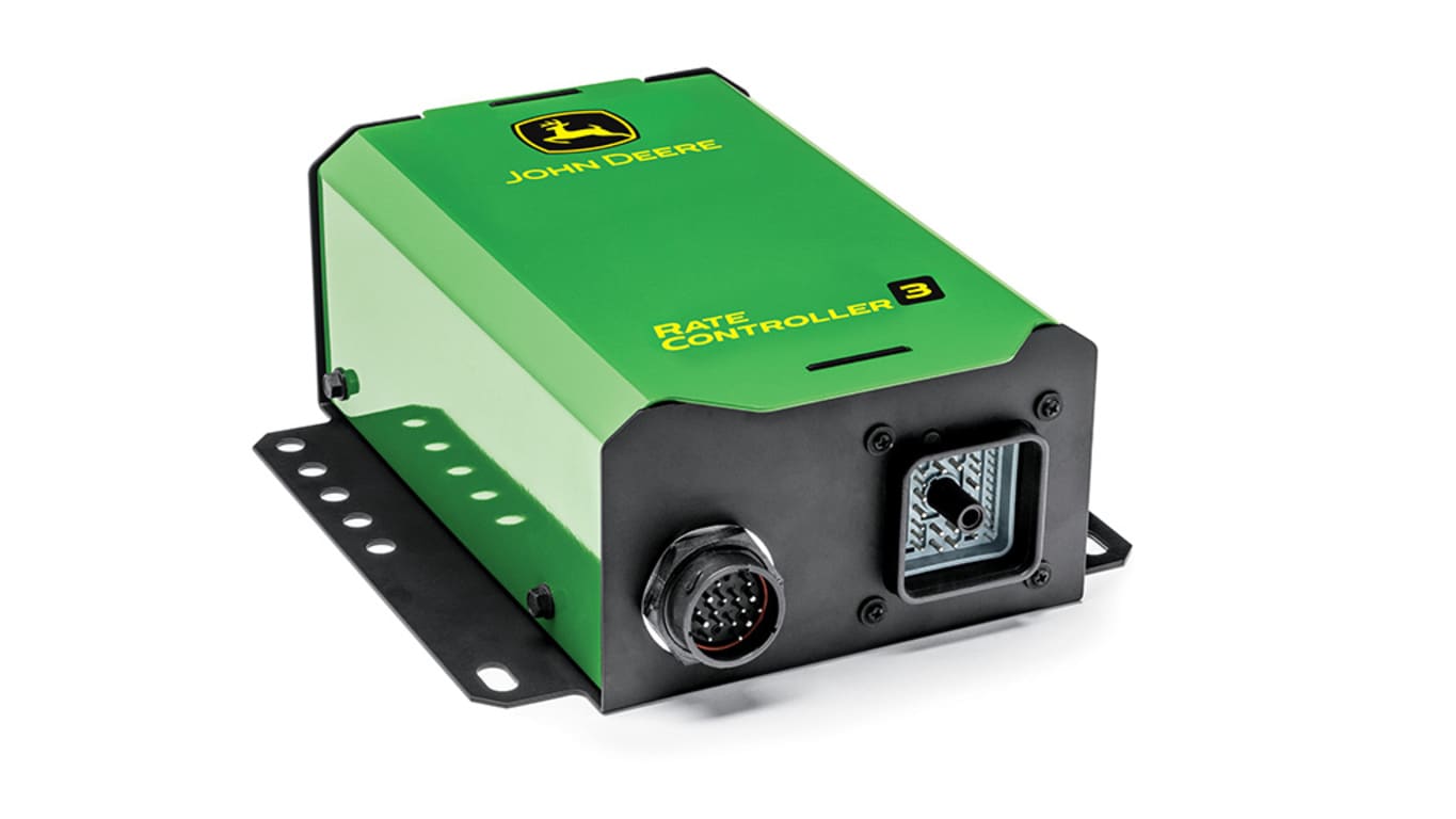 Green John Deere Rate Controller 3 with attached cables on a white background
