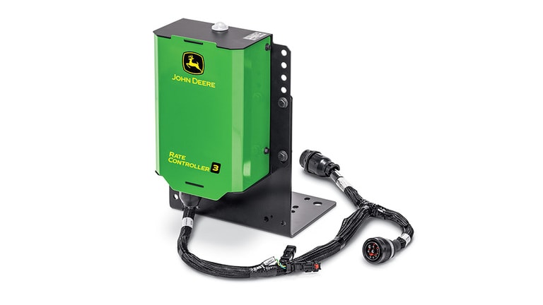 Green John Deere Rate Controller 3 with black bracket and attached cables
