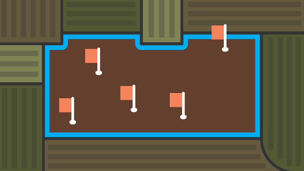 a floor plan with flags on it