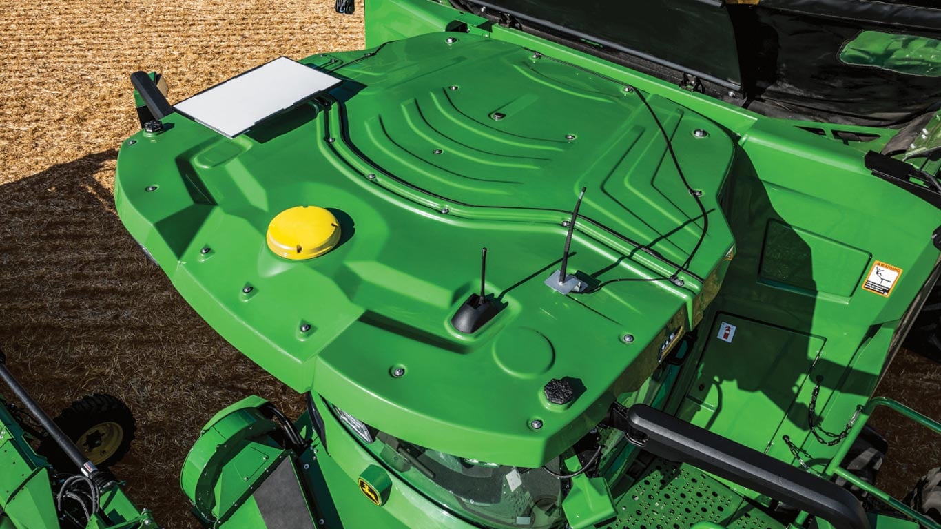 Aerial view of tractor cab roof with JDLink Boost installed