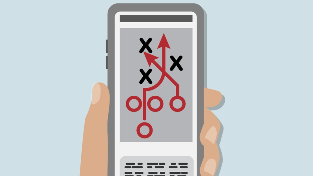 a cartoon of a hand holding a phone with a game plan on it