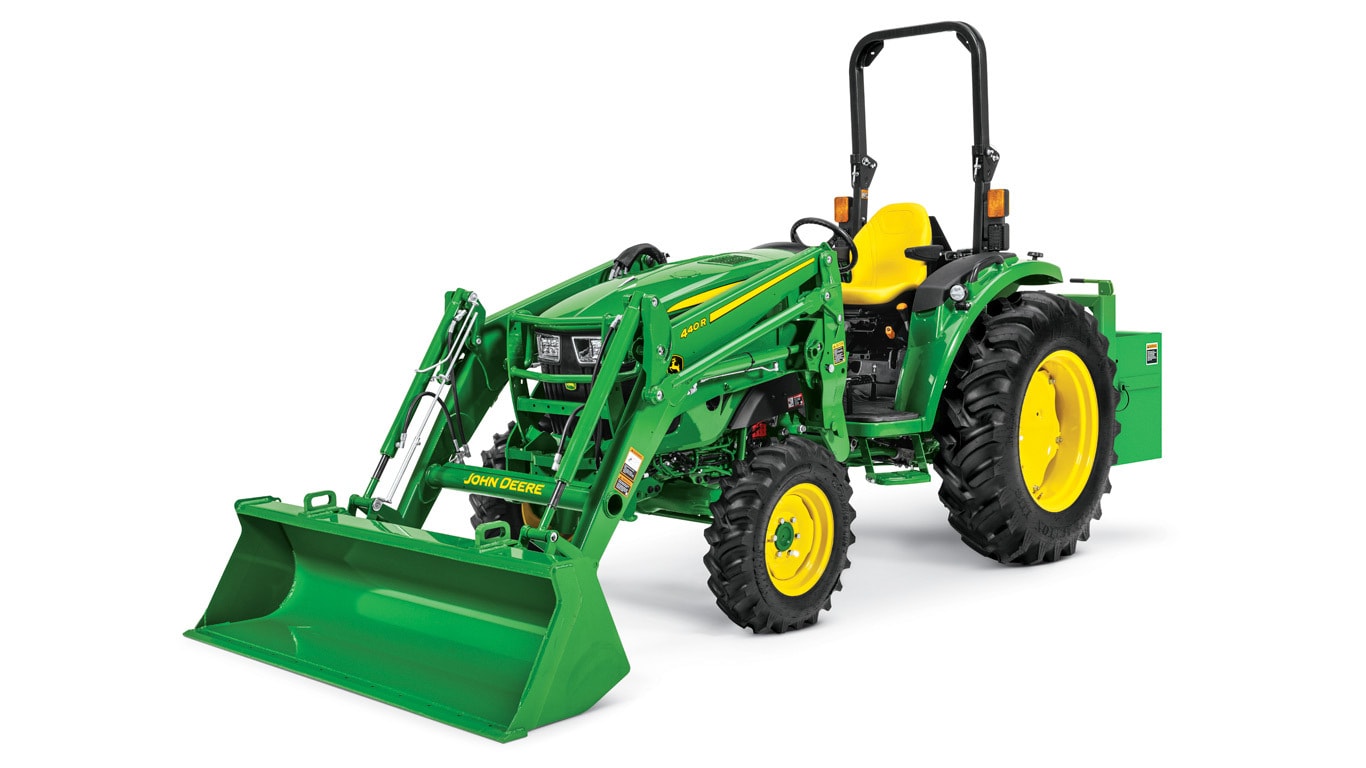 Studio image of 4066r compact utility tractor with front-end loader attachment